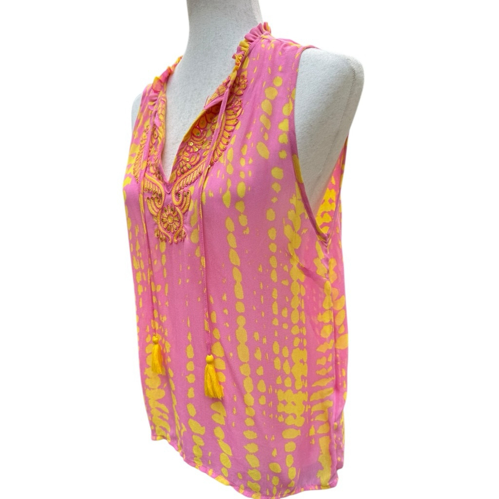 Vibrant Esqualo Boho Embroidered Tassel Top Shirt Yellow Sleeveless Festival 4 - Picture 4 of 10